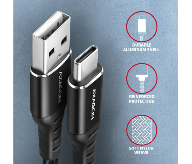 AXAGON BUCM-AM20AB Kabel USB-C - USB-A, 2m, USB 2.0, 3A, ALU, oplot, Czarny - 1353465 - zdjęcie 4